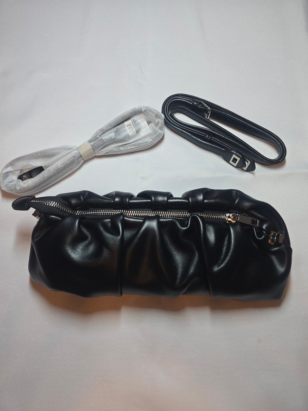 8 Other Reasons Black Ruched Faux Leather Shoulder Bag with Crossbody Strap